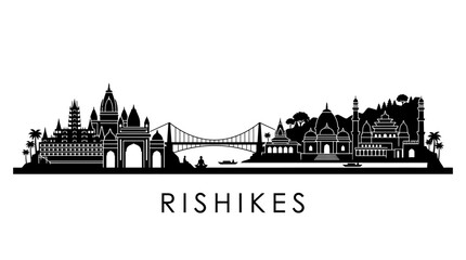 Fototapeta premium Rishikesh India Cityscape Skyline Silhouette Vector Landmark Bridge Temples