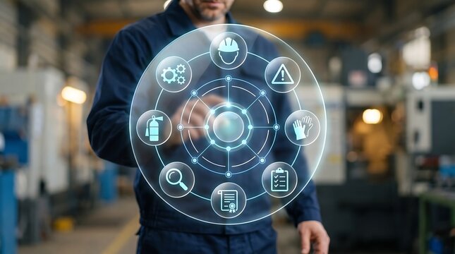 Industrial worker touching floating digital interface displaying safety and operational maintenance icons for factory production management and workplace hazard prevention systems