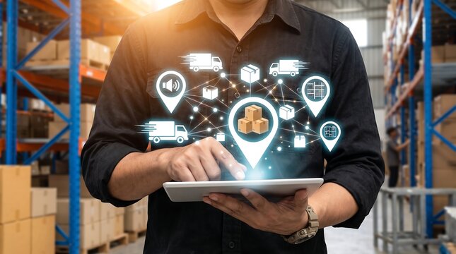 Warehouse manager using digital tablet with logistics and supply chain network icons for inventory management and delivery tracking in modern industrial logistics systems