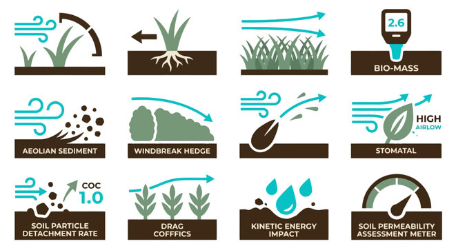 Environmental erosion and wind science diagrams showing soil movement physics