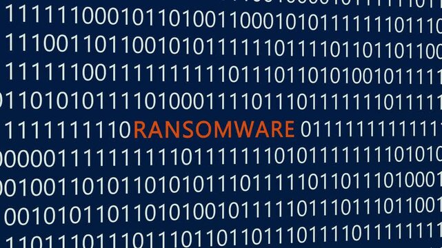 Ransomware text or word with digital binary animation made in After Effects for digital world technology concept, representing cyber extortion, malicious encryption attacks, and data hostage threats.