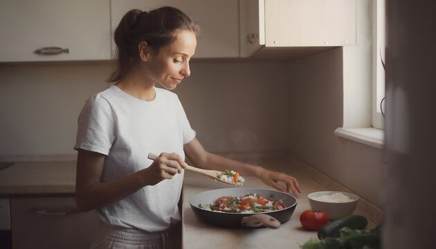 Mujer preparando una ensalada en la cocina mientras a&ntilde;ade ingredientes a un bol junto a verduras frescas