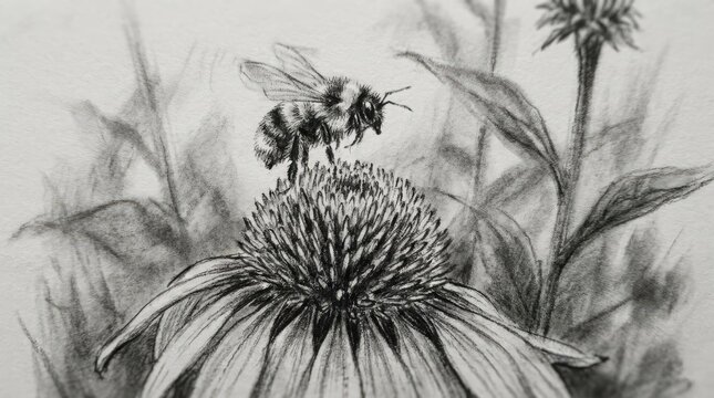 Artistic charcoal drawing of bee on a flower.