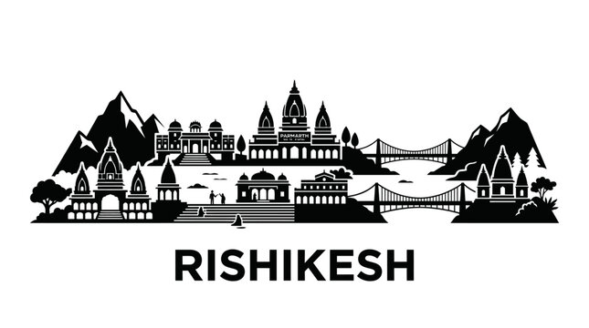 Rishikesh skyline silhouette: temples, bridges, mountains, Ganga river - vector art