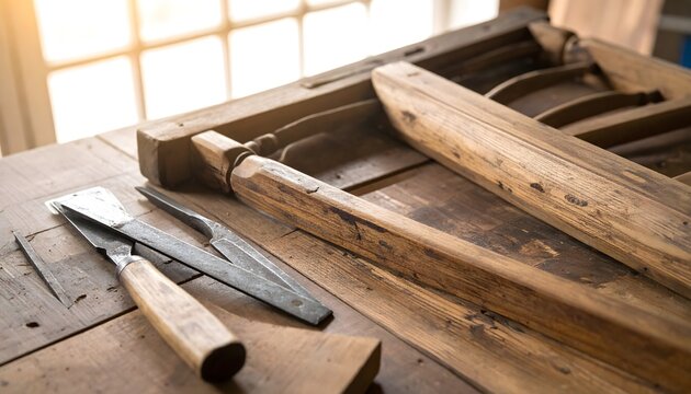 Herramientas de carpinter&iacute;a sobre un banco de madera junto a tablones y piezas de madera en un taller iluminado por luz natural