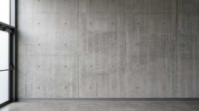 Minimalist grey concrete wall texture in an empty industrial room with natural light from a side window, perfect for architectural backgrounds and modern interior design concepts.