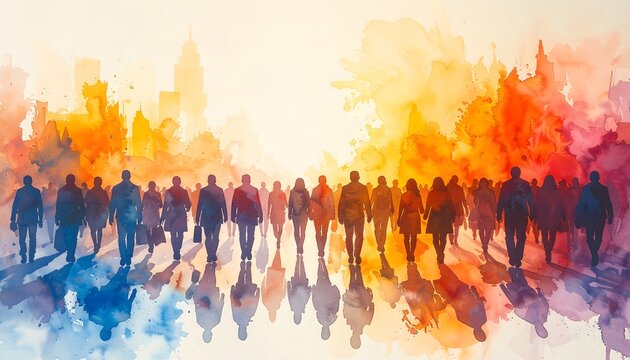 Ilustraci&oacute;n en acuarela de un grupo diverso de personas de pie con reflejos y fondo abstracto colorido