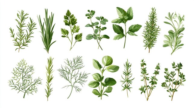 Collection of Fresh Aromatic Herb Sprigs Isolated on White