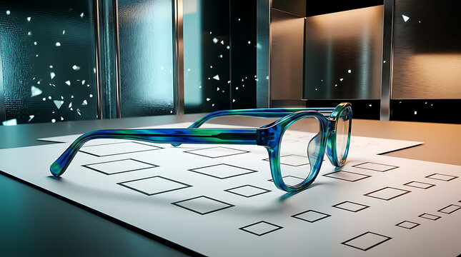Black eyeglasses on an optometry examination table in a clinic