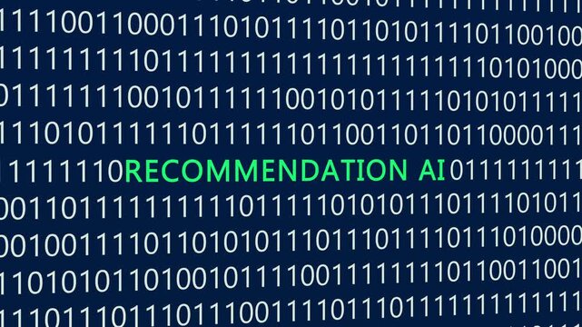 Recommendation AI text or word with digital binary animation made in After Effects for digital world technology concept, representing machine learning algorithms, personalized suggestion systems