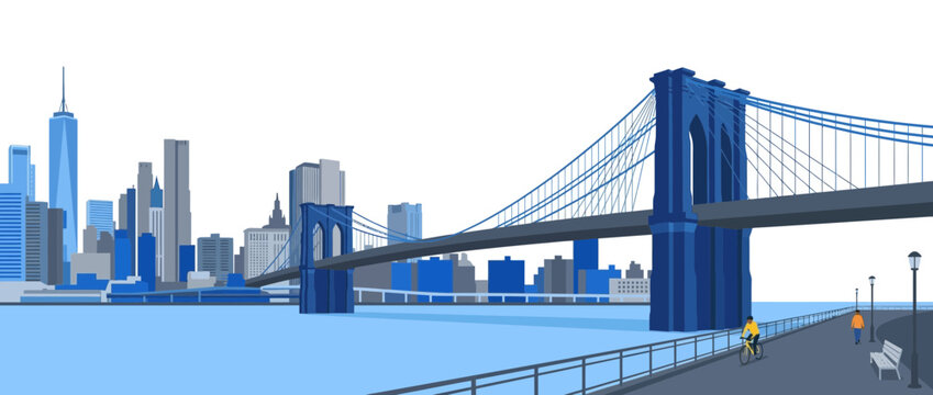 Brooklyn Bridge Skyline, NYC, Cyclist, Pedestrian, Waterfront Path, Vector Art