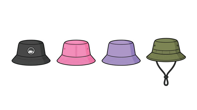 Diverse colorful bucket hats showcasing vibrant summer fashion accessories in a clean and flat vector style
