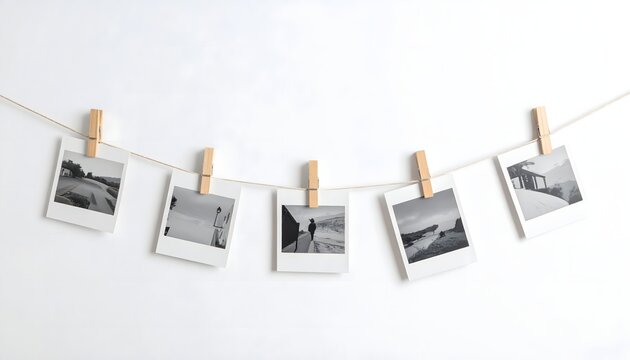 Fotograf&iacute;as instant&aacute;neas en blanco y negro colgadas con pinzas de madera sobre una cuerda curva en un fondo blanco minimalista