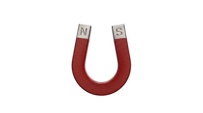 A classic red horseshoe magnet with north and south poles marked, isolated on a black background. Symbol of attraction, physics, science, and magnetism for professional use.