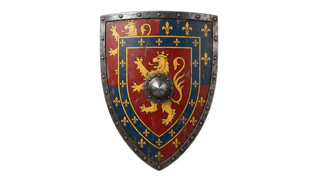 A weathered medieval shield featuring a royal lion crest and fleur-de-lis pattern. High detail heraldic design isolated on black background for historical projects.