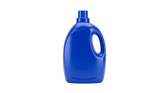 Blue plastic laundry detergent bottle isolated on a clear transparent background