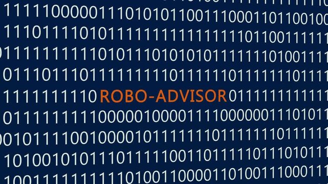 Robo-advisor text or word with digital binary animation made in After Effects for digital world technology concept, representing automated wealth management, algorithmic trading, and digital financial