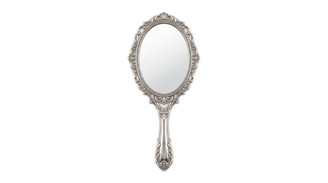 Elegant vintage hand mirror with ornate silver frame. High quality cut out object for beauty, fashion, luxury, or home decor designs on transparent background.