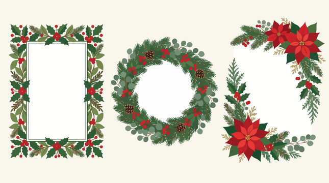 Christmas wreath and floral frames collection featuring holly berries and poinsettia leaves for holiday seasonal design