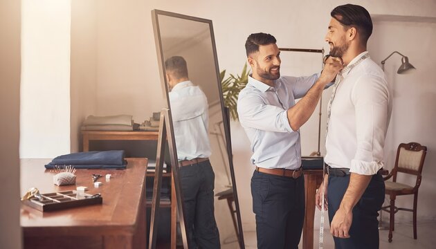 Hombre ajustando el cuello de la camisa de otro hombre frente a un espejo en un interior luminoso