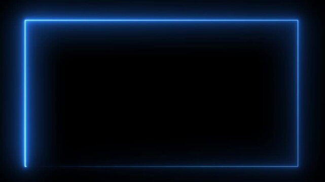 Futuristic blue neon glowing rectangular frame on black background, cyberpunk light border with luminous effects and copy space for technology, gaming, nightlife, modern design