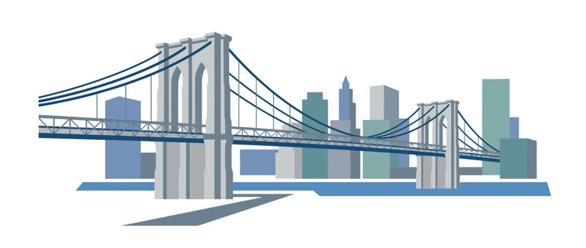 New York City Skyline with Brooklyn Bridge, Urban Landmark Illustration