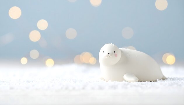 Figura decorativa de foca blanca sobre una superficie nevada con fondo azul claro desenfocado y luces bokeh