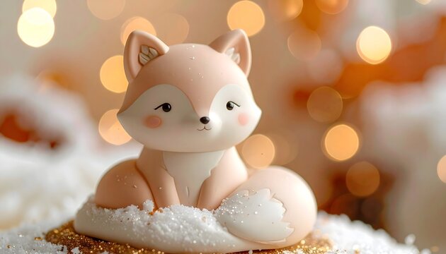 Figura decorativa de zorro peque&ntilde;o sobre una superficie blanca y suave con fondo luminoso desenfocado y luces bokeh
