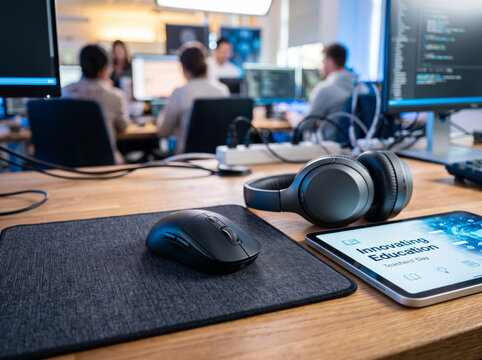 Modern Coding Classroom with Monitors and Headphones on Table