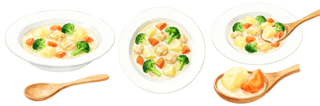 クリームシチューの水彩風手描きイラストセット,ホワイトシチュー・スープ・料理・具材・チキン・ブロッコリー・木製スプーン・皿・真上・ホワイトソース・家庭料理・冬・温かい・洋食・レストランメニュー・冬・カフェメニュー・レシピ販促素材,ベクター,透過PNG