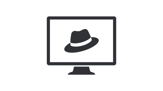 Minimalist vector graphic illustration showcasing a classic fedora hat icon centered on a sleek computer monitor display screen interface design