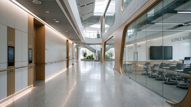 Contemporary learning environment interior, bright wide corridor, modern classroom