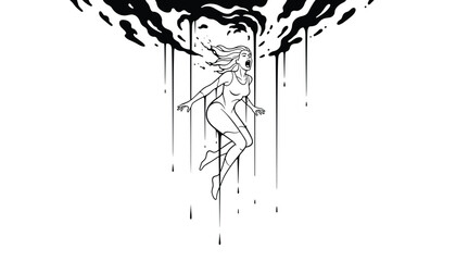 Obraz premium Woman floating screaming vector illustration, dark ink style, black and white outline art