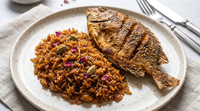 Hyper Realistic 9K Close Up Bahraini Muhammar Date Syrup Sweetened Basmati Rice with Crispy Fried Safi Fish Food Photography