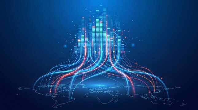 Digital data flow connecting global locations represented by glowing light beams and a stylized world map with representing global information