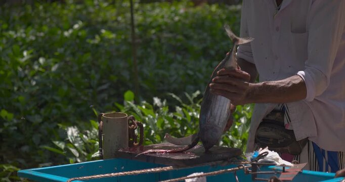 Large curved blade cuts into fresh fish on a stained wooden board while the worker steadies the body and exposed steaks show pale flesh and dark skin