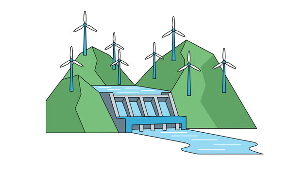 Renewable energy vector illustration with wind turbines and hydroelectric dam