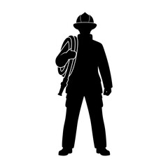 Obraz premium Flat vector silhouette illustration of a male firefighter standing in protective gear
