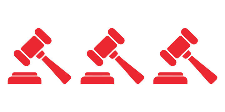 Red Judge Gavel Icons Featuring Auction Bidding, Justice, Courtroom, Legal Authority, Law, Judgment, Verdict, and Judicial Symbols