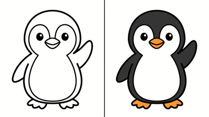 Fototapeta premium Vector illustration of cute happy penguin coloring book page and colored set