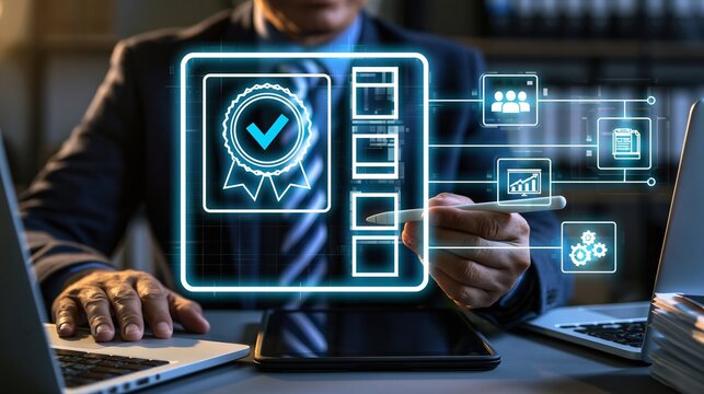 Business person using a digital interface to review a quality assurance checklist on a computer