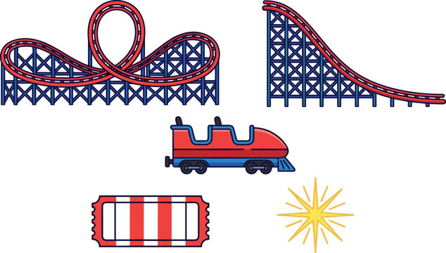 Roller Coaster Illustration with Ticket, Starburst, and Train Car