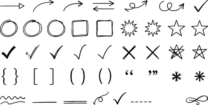Collection of hand drawn doodle style icons and symbols in black and white