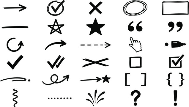 Collection of hand drawn doodle symbols and icons for various design projects