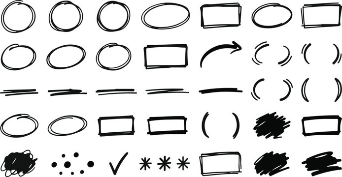 Collection of hand drawn doodle shapes circles rectangles lines and scribbles for design elements and annotations