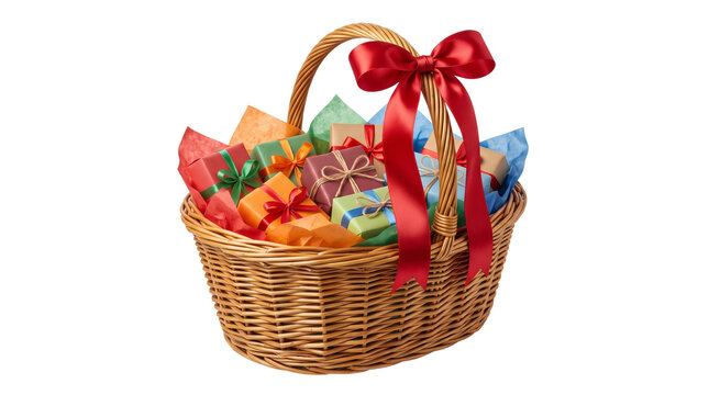 Wicker gift basket filled with colorful presents, festive holiday hamper with red satin ribbon, seasonal celebration gift boxes isolated PNG with Transparent Background