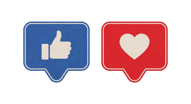 Blue like thumbs up and red love heart notification icons isolated on transparent background