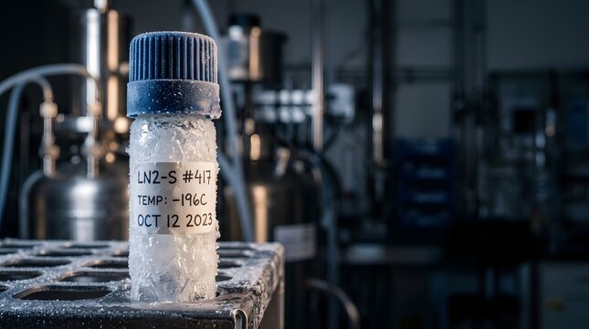 Frozen scientific vial covered in sharp ice crystals demonstrating secure cryogenic preservation methods for liquid nitrogen storage in medical laboratories