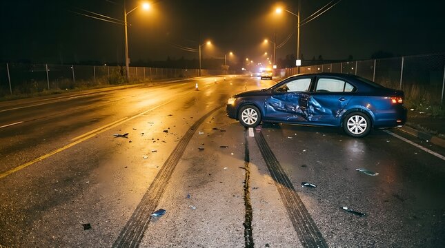 Skid marks leading to a dented car door on a wet road at night under streetlights