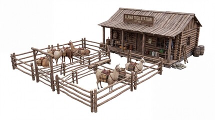 Fototapeta premium Rustic Wooden Llama Trading Station with Fenced Livestock Corrals for Western Rural Farm and Historical Frontier Life Representation